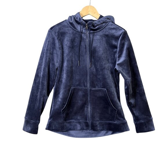 Time & Tru Velour Full Zip Hooded Sweater Womens Sz Small (4-6) Blue Glam Comfy - Picture 1 of 7